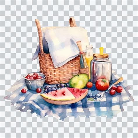 Premium Psd Picnic Basket With Food Watercolor Hand Drawn