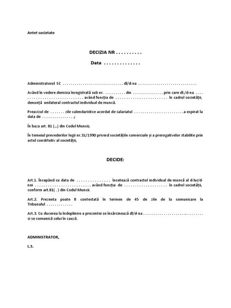 Model Decizie Incetare Contract Demisie Art 81 Pdf