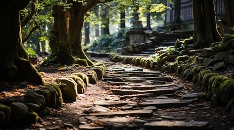 Premium Ai Image Garden Stone Path With Grass Growing Up Between The