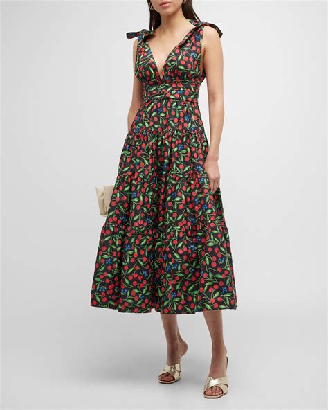 Carolina Herrera Cherry-Print Off-The-Shoulder Balloon-Sleeve Midi ...