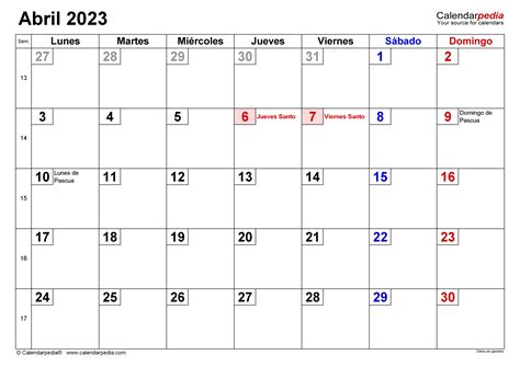 Calendario abril 2023 en PDF, Excel y Word | Calendarpedia