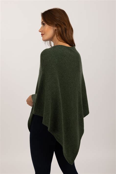 V Shaped Boat Neck Cashmere Poncho In Army Green Italyincashmere