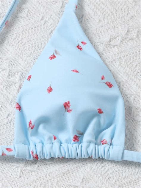 Shein Swim Mod Conjunto De Bikini Floral Ditsy Sujetador Triangular Y Bottom De Corte Alto Y