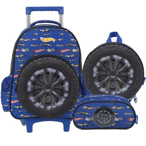 Kit Mochila Rodinha Lancheira E Estojo Duplo Hot Wheels Pneu Shop Macrozao