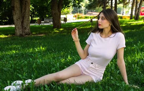 Wallpaper Girl Grass Shorts Trees Park Model Brunette T Shirt For Mobile And Desktop
