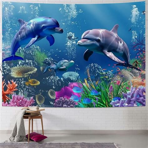 BCIIG Dolphin Tapestry Wall Hanging Tropical Fish And Sea Turtle Coral