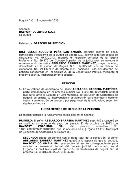 Derecho DE Petición BayportDERECHO DE PETICION Bogotá D 18 agosto