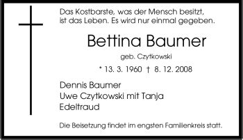 Traueranzeigen Von Bettina Baumer Trauer In Nrw De