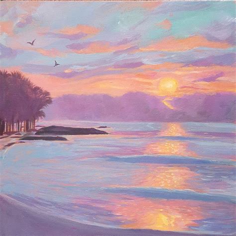 an oil painting of the beach at sunset