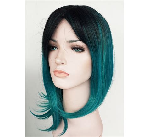 Turquoise And Black Shoulder Length Wig Multi Colored Holiday Party