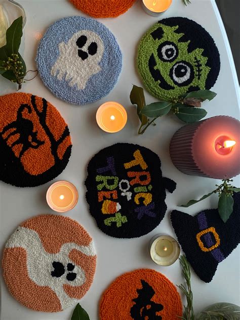 Spooky Halloween Punch Needle Coaster Halloween Gift Etsy