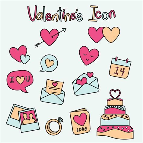 Set Of Hand Drawn Valentines Day Flat Vector Icons Isolated On A White Background 23307031