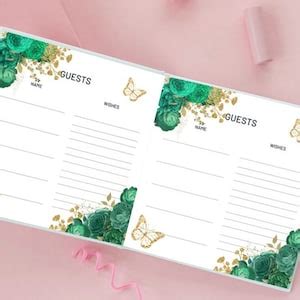 Printable Guestbook For Quincea Era Pdf Emerald Green Floral Gold Mis