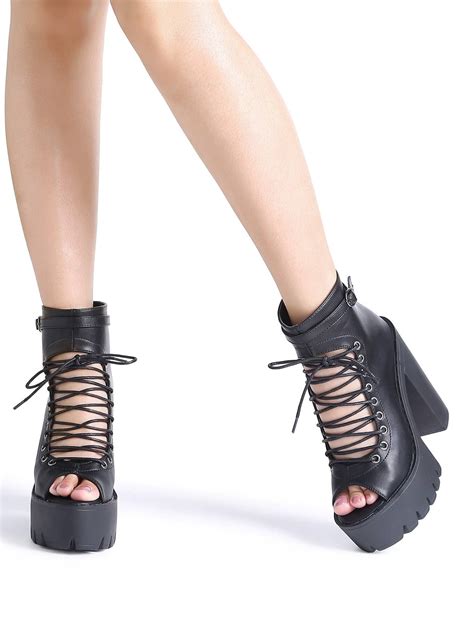 Black Peep Toe Lace Up Platform Chunky Heeled Sandalsfor Women Romwe