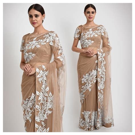 Kashmir Inspired Floral Embroidered Nude Saree