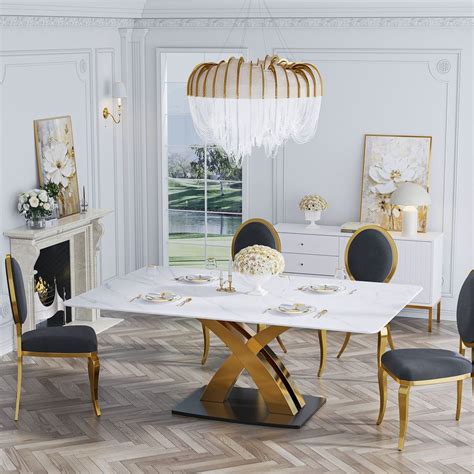 Odette 55 Inch Glam Marble Dining Table With X Shape Glod Base Hernest