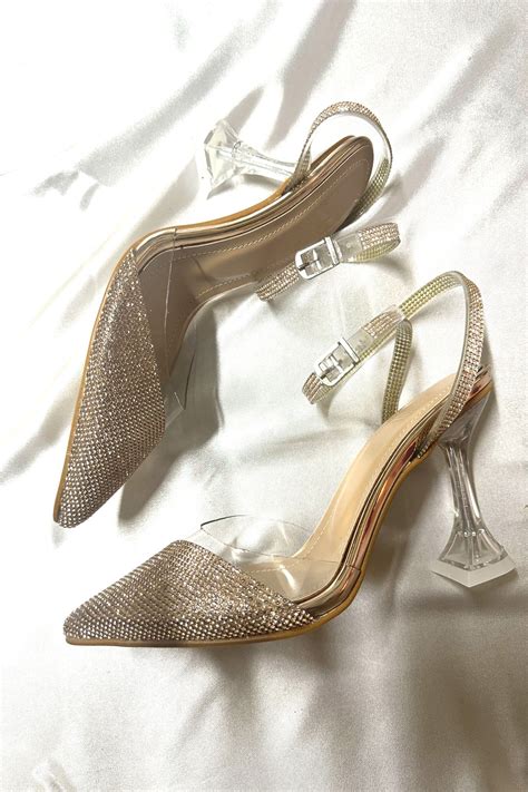 TrendyAnka Lady Şeffaf Nude Ten Roz Kristal Taşlı 8 Cm Şeffaf Kadeh Topuklu Düğün Nişan Abiye