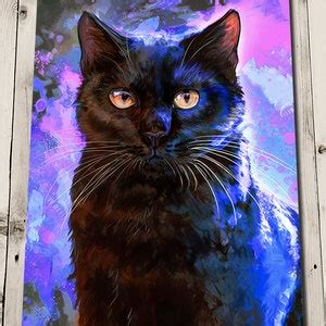 Black Cat Art Print Black Cat Gifts Black Cat Artwork Poster Purple Black Cat Wall Art Black Cat ...