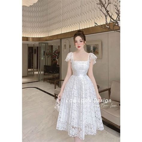 Mua Đầm ren xếp dập ly xoè cổ vuông vai cánh tiên Trắng đen nude Đầm váy đi chơi dạo phố dự tiệc