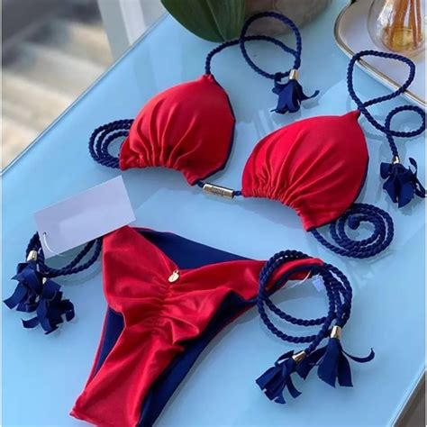 Kelzposh Swim Red Navy Scrunched Booty Twist String Bikini Poshmark