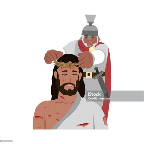 Portrait Of Jesus Christ Suffering With Crown Of Thorns Palced By Roman Soldier Isolated On