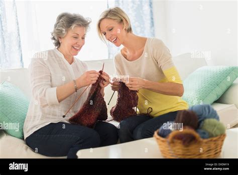 Two Mature Women Knitting Stock Photo Alamy