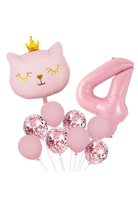 Parti Station Pembe Kedi 4 Yaş Balon Set Balon Folyo Set Pembe Kedi