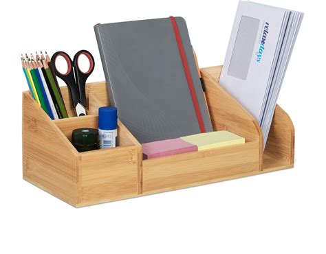 Relaxdays Organizer da Scrivania in bambù Portapenne con 4 Scomparti