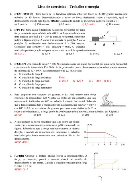 Exercício Trabalho E Energia - Exercícios de Trabalho e Energia Física | PDF | Satélite | Massa