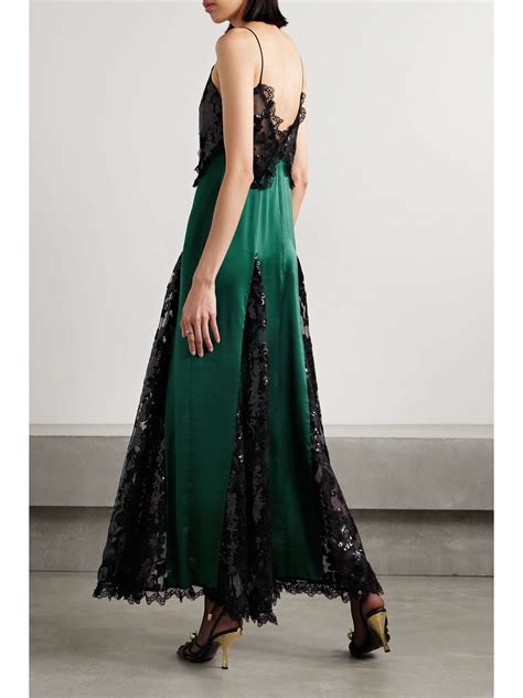 Rodarte Sequin Embellished Cotton Blend Lace Trimmed Satin Maxi Dress