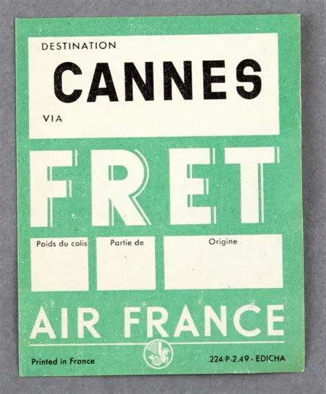 AIR FRANCE CANNES Vintage Original Airline Luggage Label Baggage Fret