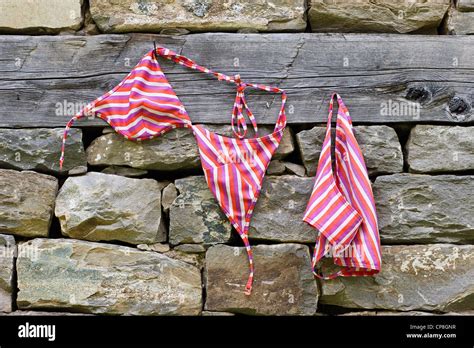 Striped Bikini Hanging On The Stone Wall Stock Photo Alamy
