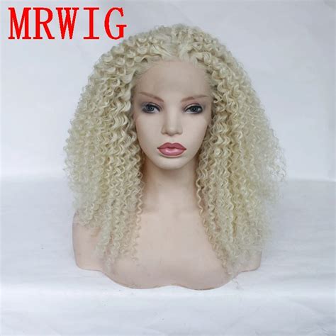 MRWIG In Kinky Curly Blonde Synthetic Lace Front Wig Can Straighten Can Add Heat For