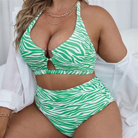 New Womens Large Size Swimsuit Wholesale Fashion Stripe Print Swimwear Bikini Deep V Hollow
