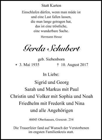 Traueranzeigen Von Gerda Schubert Trauer In Nrw De