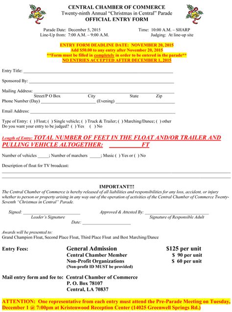 Central Christmas Parade Entry Form And Official Rules