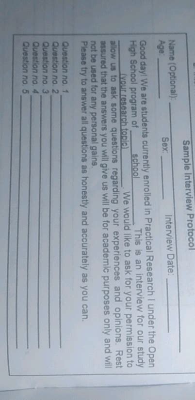 Sample Interview Protocol Name Optional Sex StudyX