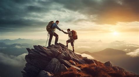 Premium AI Image Happy Couple Of Hikers With Backpacks In The Mountains