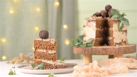 Slice Of Plate Of Delicious Naked Coffee And Hazelnuts Cake Stock Image Image Of Bake Green
