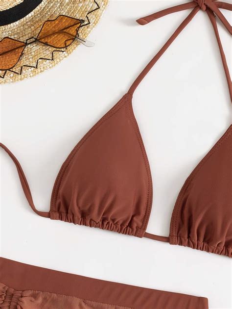 Shein Swim Vcay Summer Beach Solid Bikini Set Push Up Bra Thong Cover Up Skirt Bandana