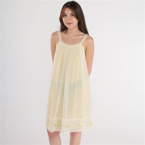 Pale Yellow Nightgown S Lingerie Slip Dress Floral Gem