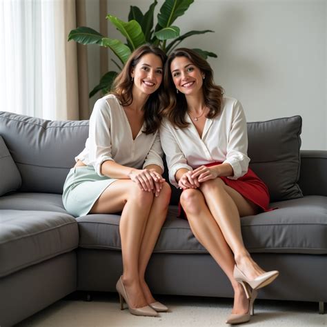 Two Beautiful Mature Women Sitting On A Sofa Short Pleated Skirts High Heels Legs Crossed Homely
