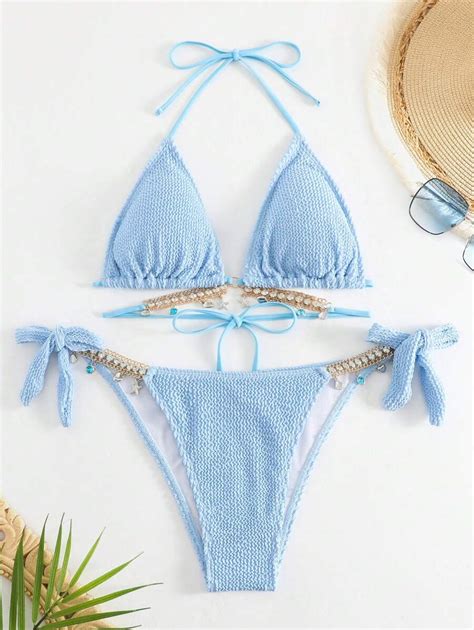 SHEIN Swim Bañador bikini triángulo halter vinculado con cadena Moda de Mujer SHEIN México