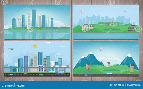 Modern City with Suburban Landscape. Building and Architecture Set ...