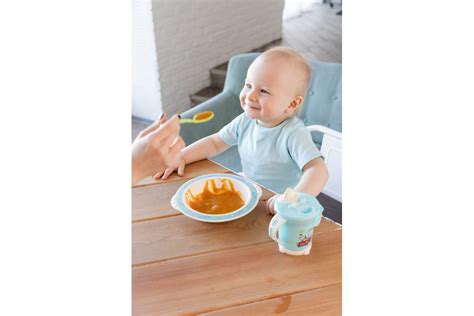 Глубокая детская тарелка Пластишка с голубым декором, бежевый ...