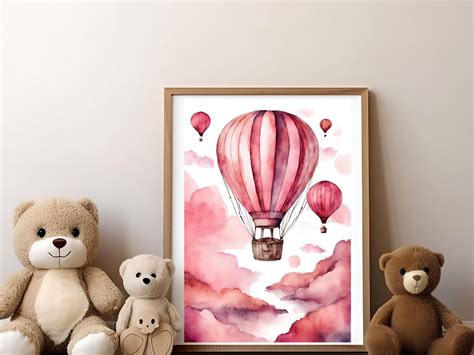 Pink Hot Air Balloon Watercolor Nursery Decor Vintage Style Nursery Digital Print With Clouds