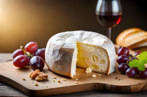 Premium AI Image | a cheese and grapes on a cutting board with a glass ...