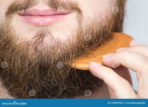 Closeup Of A Young Man Styling His Long Beard With A Comb While