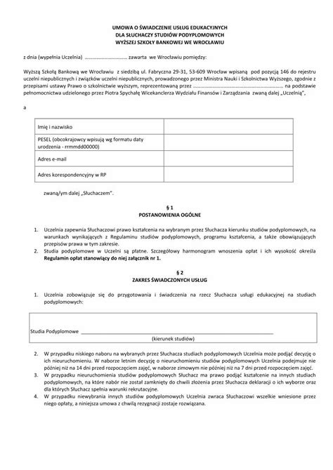 Pdf Umowa O Wiadczenie Us Ug Edukacyjnych Dla Szczeg Owy