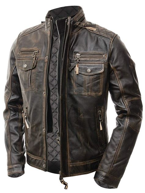 Abbraci Mens Motorcycle Biker Slim Fit Vintage Distressed Brown Cafe